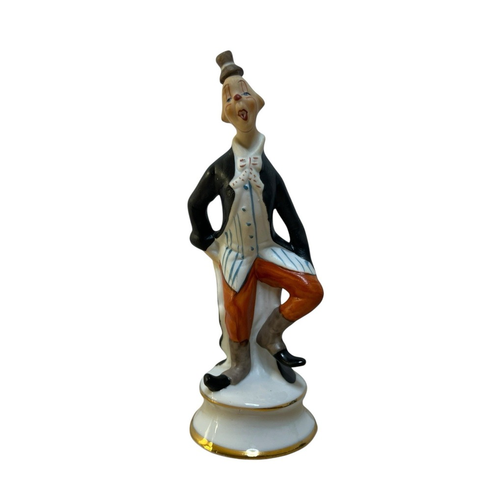 ART MARK HOBO CLOWN FIGURINE PORCELAIN BISQUE GOLD TRIM VINTAGE TOPHAT DECOR